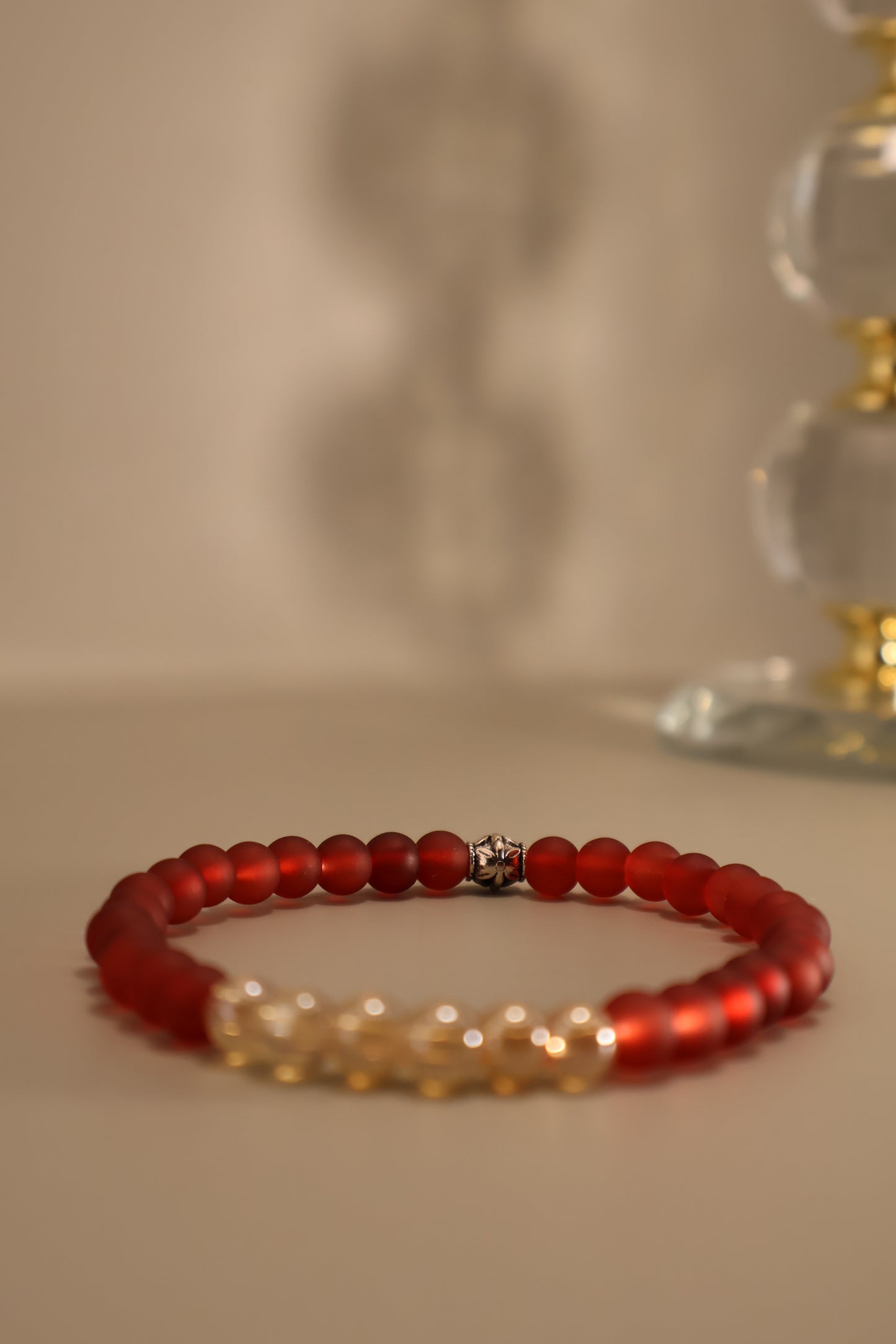 Glass Champagne & Red Matte Bead Bracelet