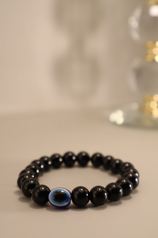 Glass Black Evil Eye Bead Bracelet
